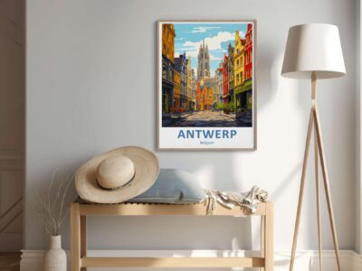 Room with Antwerp poster, lamp, and straw hat.