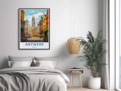 Room with Antwerp travel poster and cozy bed.