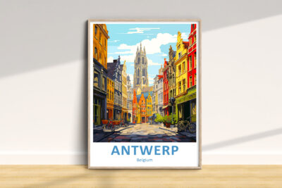 Colorful Antwerp street illustration with cathedral view.