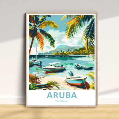 Palm trees and boats on Aruba beach poster.