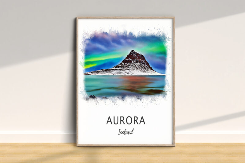 Colorful aurora over Icelandic mountain artwork.