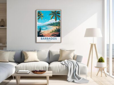 Modern living room with Barbados poster, beach view.