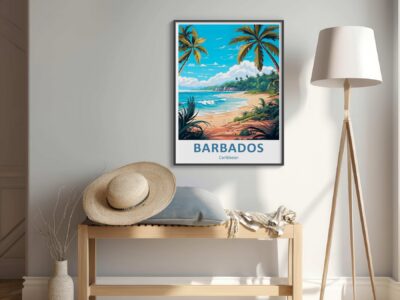 Barbados travel poster with beach scene
