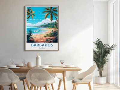 Dining room with Barbados beach poster on wall.
