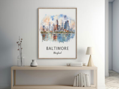 Watercolor Baltimore skyline art on framed wall.