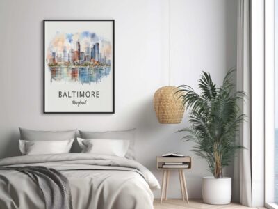 Modern bedroom with Baltimore cityscape poster.