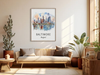 Cozy living room with Baltimore skyline artwork.
