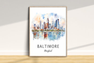 Baltimore skyline watercolor art print on wall