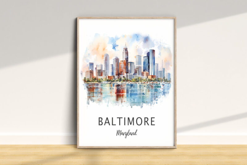 Baltimore skyline watercolor art print on wall