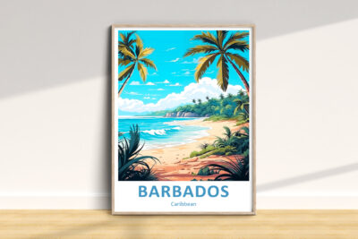 Colorful Barbados beach poster with palm trees.