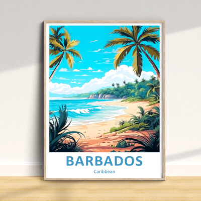 Colorful Barbados beach poster with palm trees.
