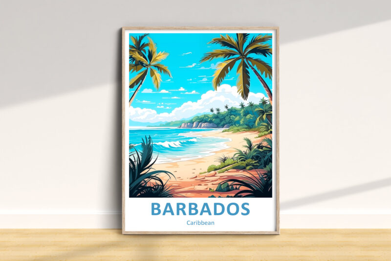 Colorful Barbados beach poster with palm trees.
