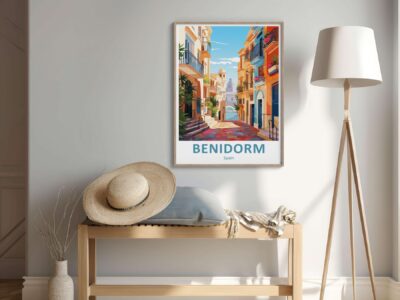 Stylish room with Benidorm poster on wall.