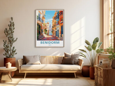 Living room with Benidorm poster and plants.