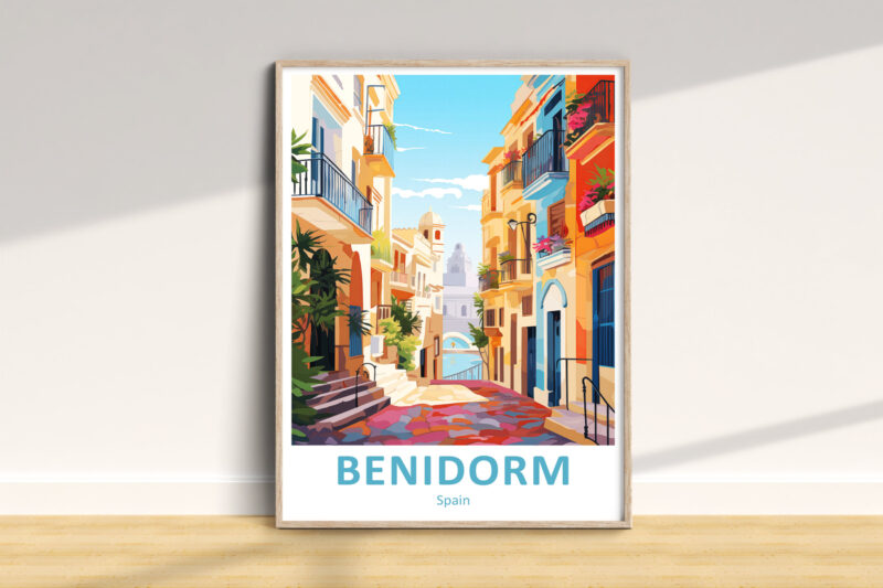 Colorful Benidorm street illustration in a frame.