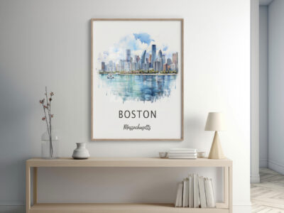 Boston skyline watercolor artwork in modern interior.