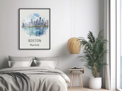 Bedroom with Boston skyline artwork on wall.