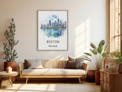 Modern living room with Boston cityscape art.