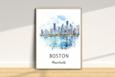 Boston skyline watercolor art print in frame.