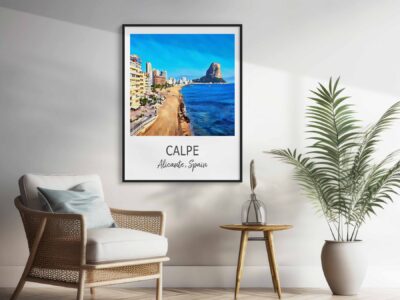 Modern living room with Calpe, Spain art.