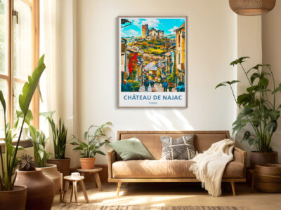 Bright living room with Château de Najac poster.
