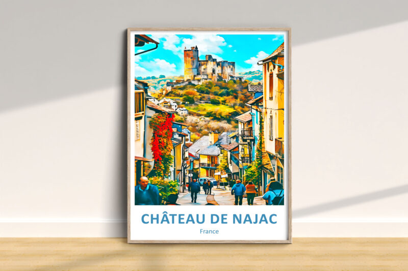 Château de Najac poster with village scene, France.