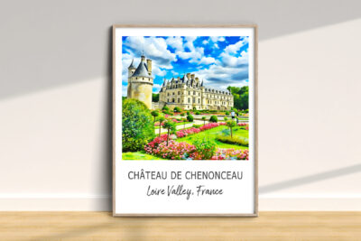 Château de Chenonceau poster, vibrant gardens, blue sky.