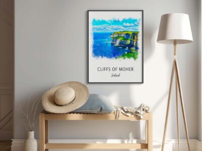 Cliffs of Moher poster in cozy room setting.