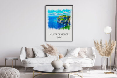 Cliffs of Moher poster above modern living room.