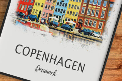 Colorful Copenhagen canal buildings illustration.