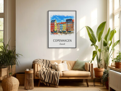 Cozy living room with Copenhagen artwork on wall.