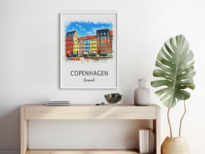 Colorful Copenhagen buildings art on modern shelf.