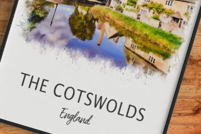 Cotswolds watercolor painting with reflection, England