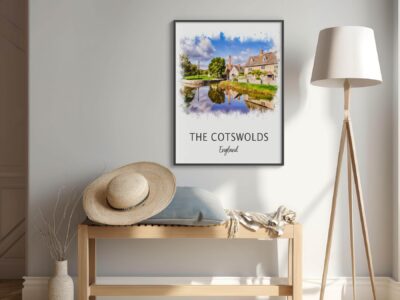 Cozy room with Cotswolds wall art, hat on bench.