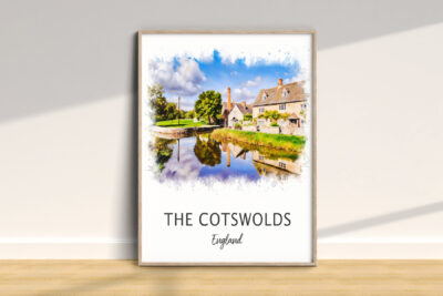 Cotswolds landscape watercolor painting in a frame.