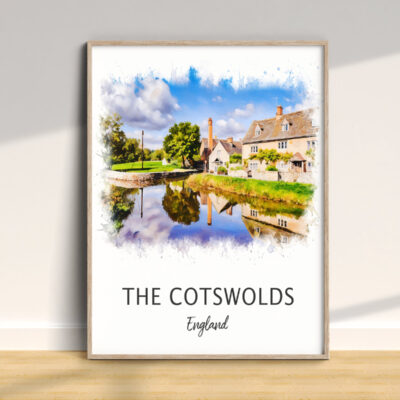 Cotswolds landscape watercolor painting in a frame.