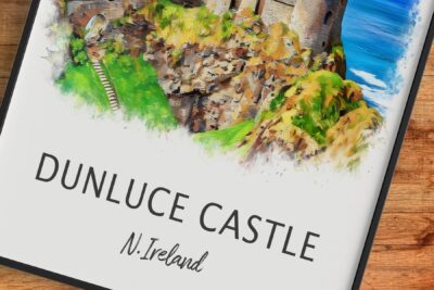 Watercolor painting of Dunluce Castle, Northern Ireland.