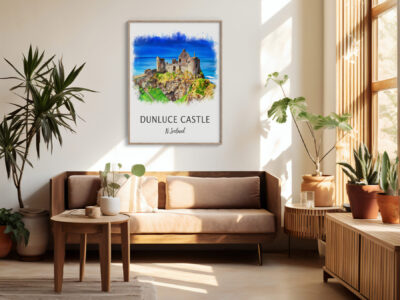 Living room with Dunluce Castle artwork on wall.