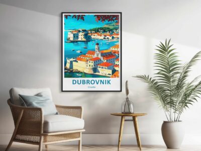 Framed Dubrovnik poster in modern living room.