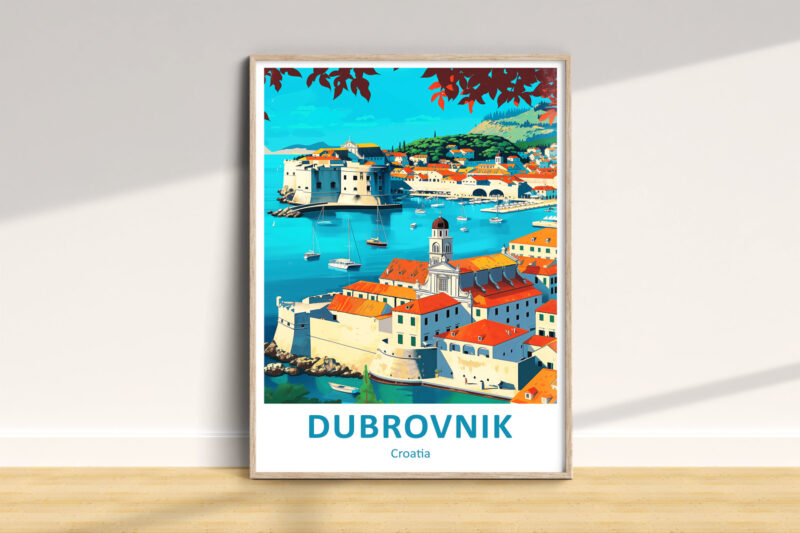 Colorful Dubrovnik poster with cityscape and harbor.