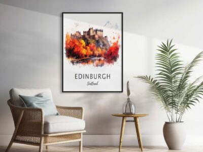 Edinburgh castle painting above chair and plant