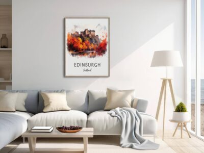 Modern living room with Edinburgh artwork on wall.