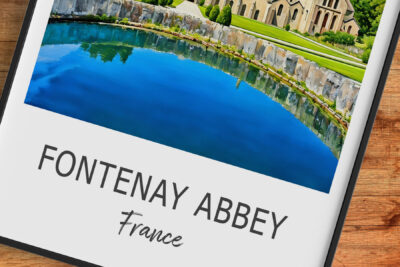Fontenay Abbey photo with reflection in blue pool.
