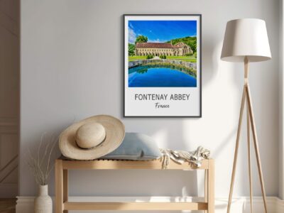 Room with Fontenay Abbey poster and decor.
