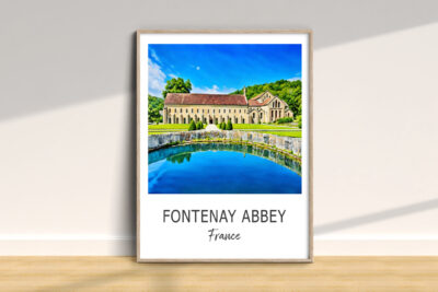 Fontenay Abbey poster with reflection pool, France