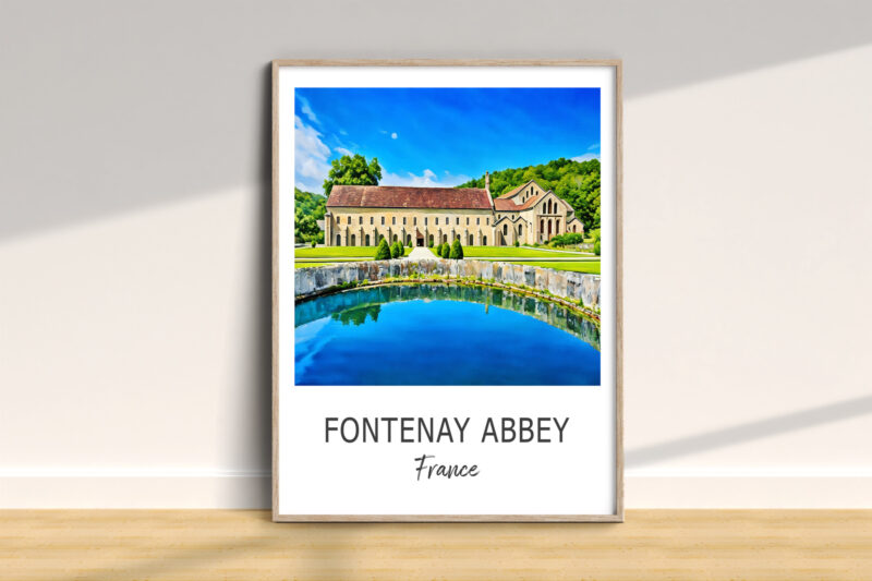 Fontenay Abbey poster with reflection pool, France