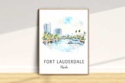Fort Lauderdale watercolor skyline illustration