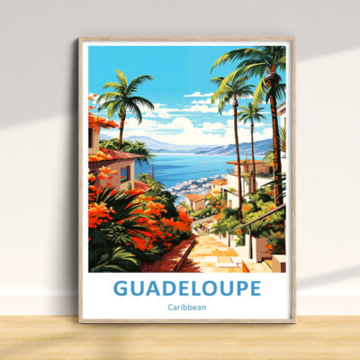 Guadeloupe Caribbean poster with tropical landscape.