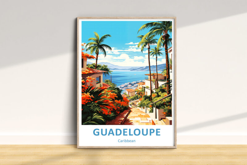 Guadeloupe Caribbean poster with tropical landscape.