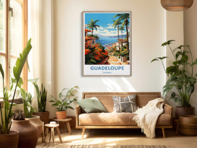 Cozy room with Guadeloupe poster, plants, and sofa.